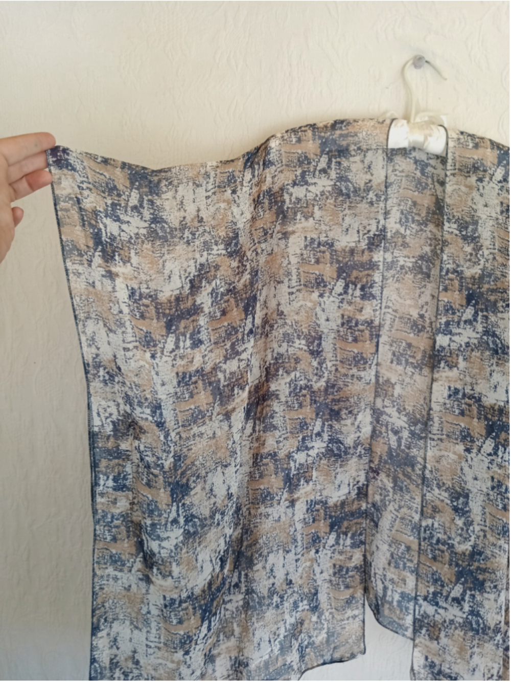 Sand n Sky Abstract Print Kimono sheer open front Blouse Beige Blue flowy draped - Picture 5 of 8